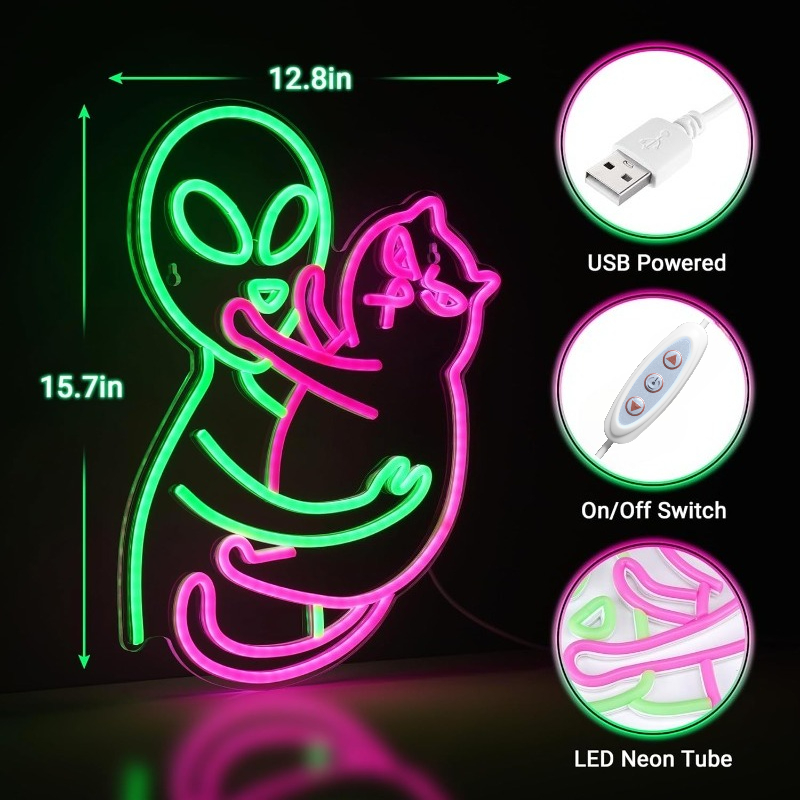 Alien Cat Neon Sign,Green Alie - Party Games Best 评论和价格
